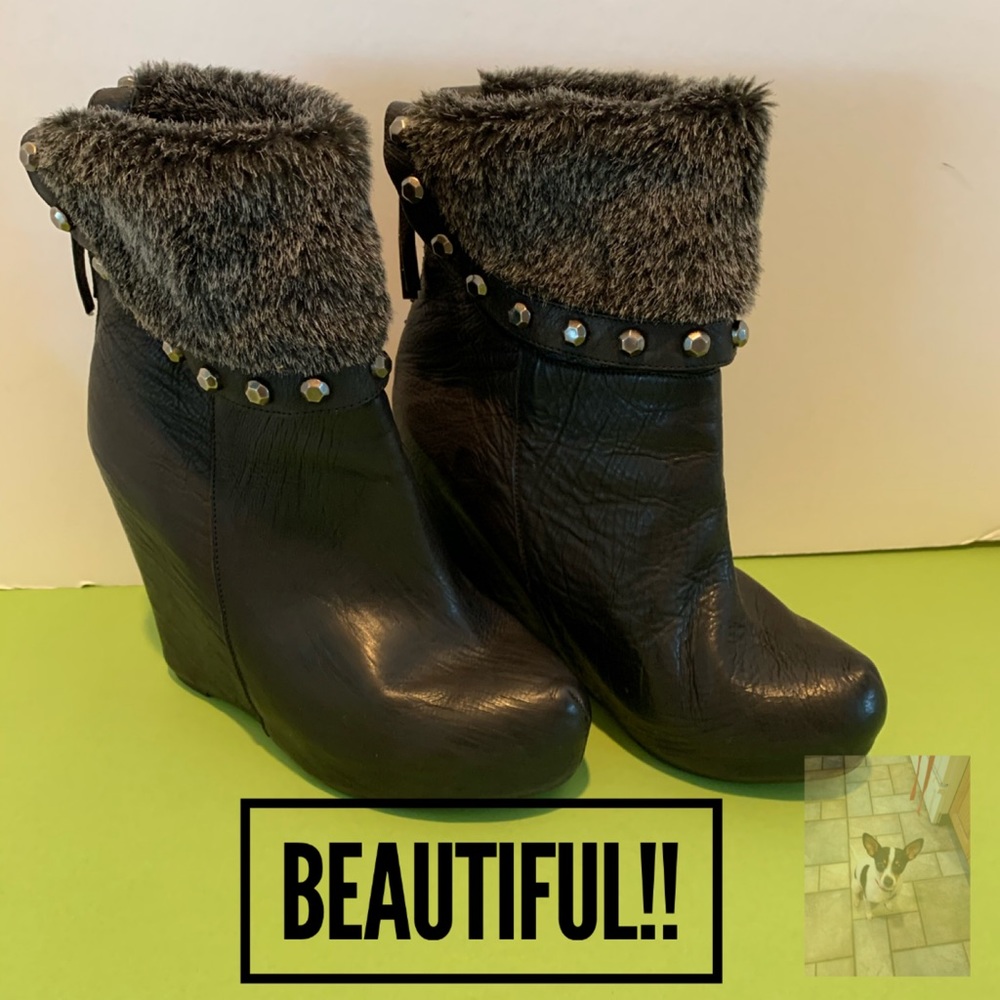 Black leather high wedge fur cuff boots size 7